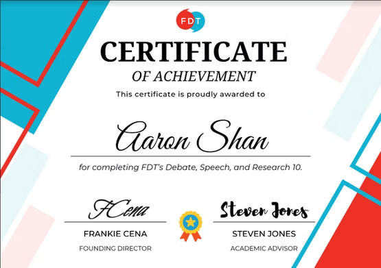 FDT Debate Course GR.10 certificate