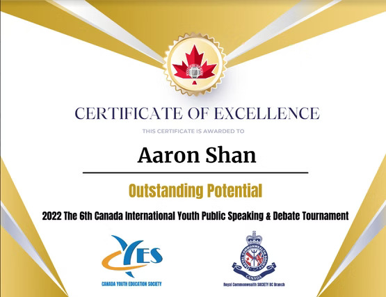 Canada International Youth Public Speaking award